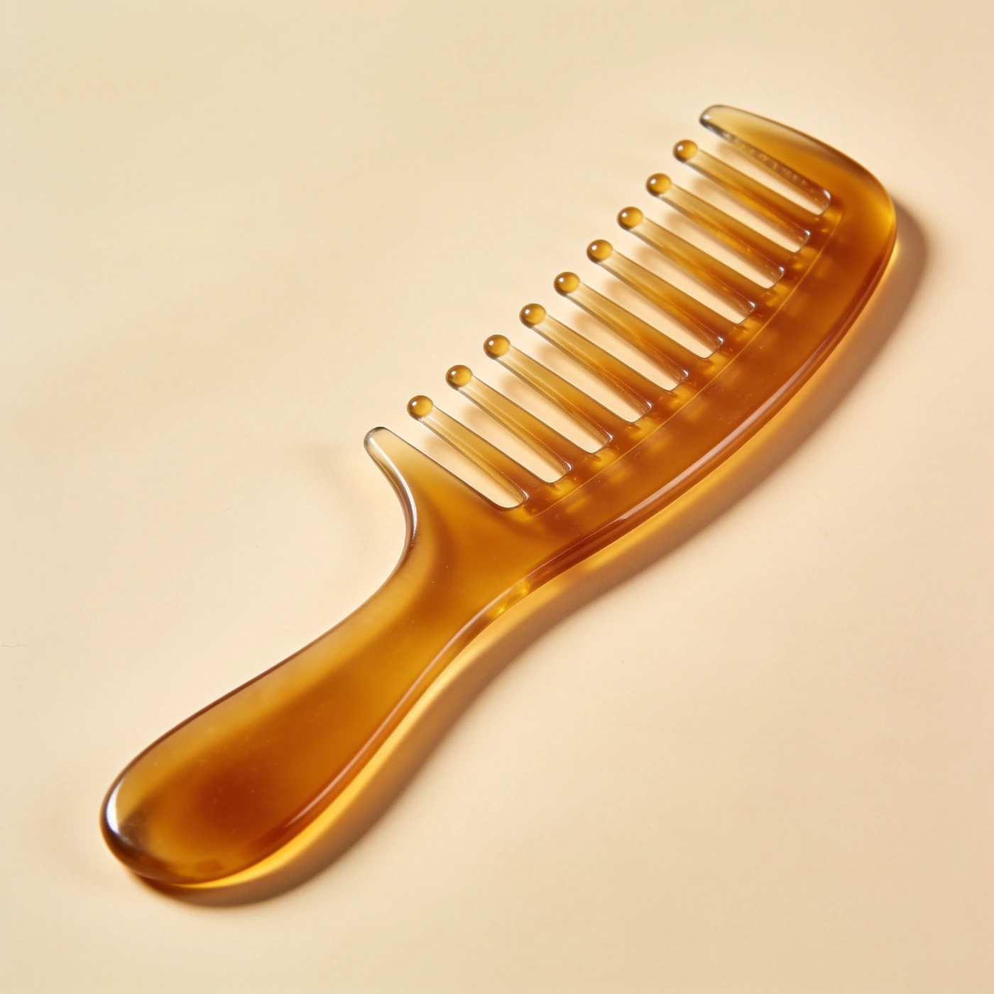 Wide Arc Detangling Comb — translucent amber cellulose acetate; widely spaced rounded teeth and curved handle